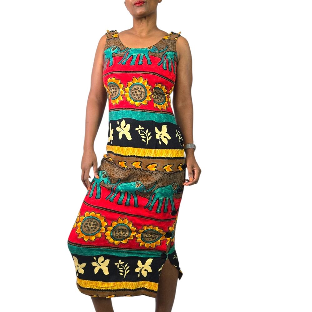WNY Sheath Midi Dress Red Vintage Animal 80s Elephant Sunflower Column Small
